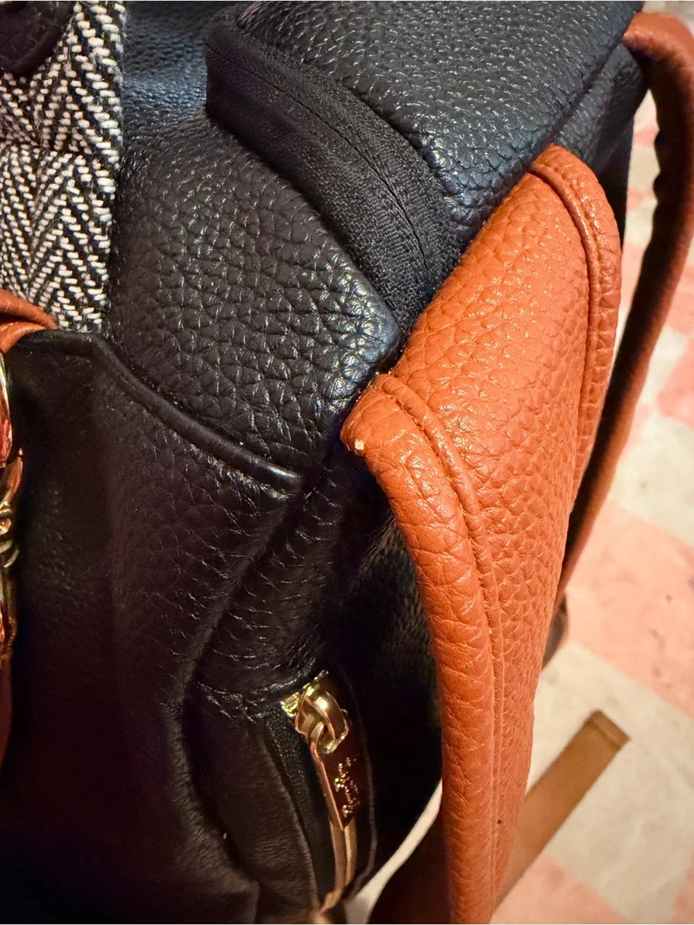 Itzy Ritzy Black Herringbone Backpack Diaper Bag with White and Brown Trim